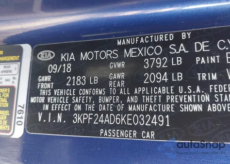 2019 Kia Forte Lxs from USA, damaged, VIN 3KPF24AD6KE032491